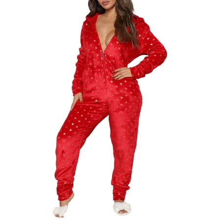 

Christmas Adult Onesie Pajamas for Women One Piece Fleece Fuzzy Warm Sherpa Hooded Jumpsuit Sleepwear Homewear