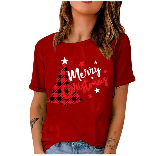 Mode Femme T-Shirt Uni de Noël à Col Rond à Manches Courtes Imprimé Blouse Ample Hauts