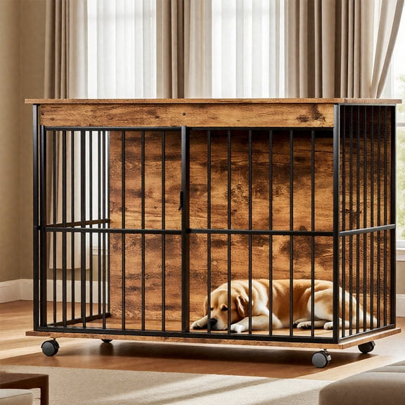 Dog Crate with Large-Sized Design and Sliding Door, Wooden Pet Kennel and Indoor Dog Cage Furniture for Medium Large Dogs, Walnut and Black