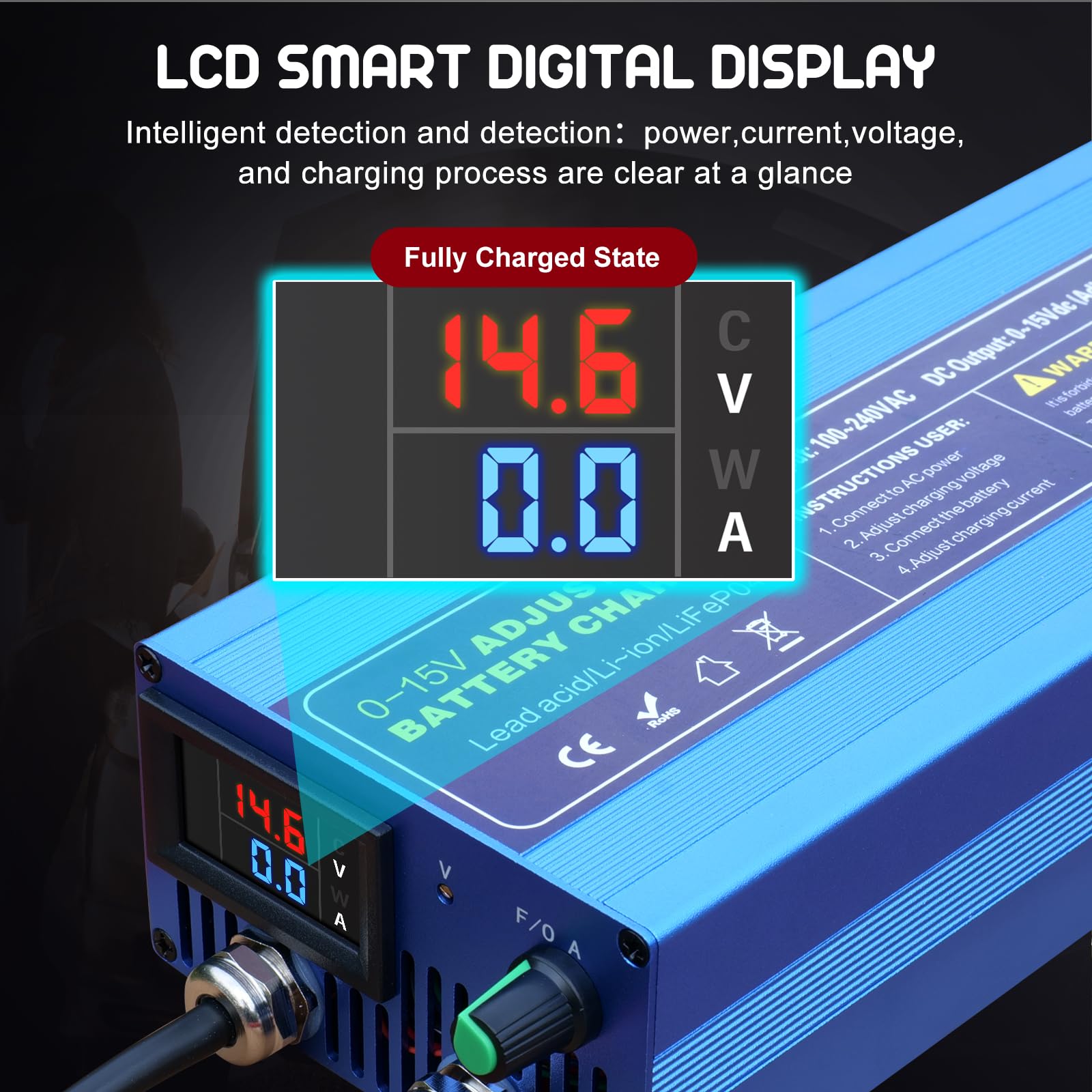 5&7 EnergiHive Battery Charger 12V 50A, Lithium LiFePO4 Car Battery Charger, with Smart Trickle Charger & Fast Charge, Adjustable 0-15V/0-50A, for Motorcycle/Truck/Lawn Mower/Boat/Deep Cycle C88