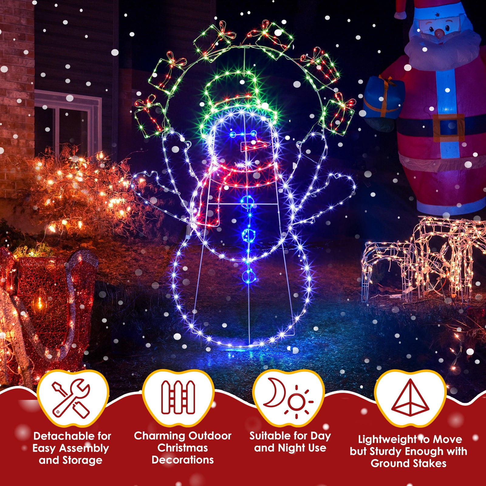 Astoutdoor 5 ft Juggling Snowman Christmas Yard Decoration, Pre-Lit 2D Animated Snowman with 358 LED Multi-Color Lights and Stakes