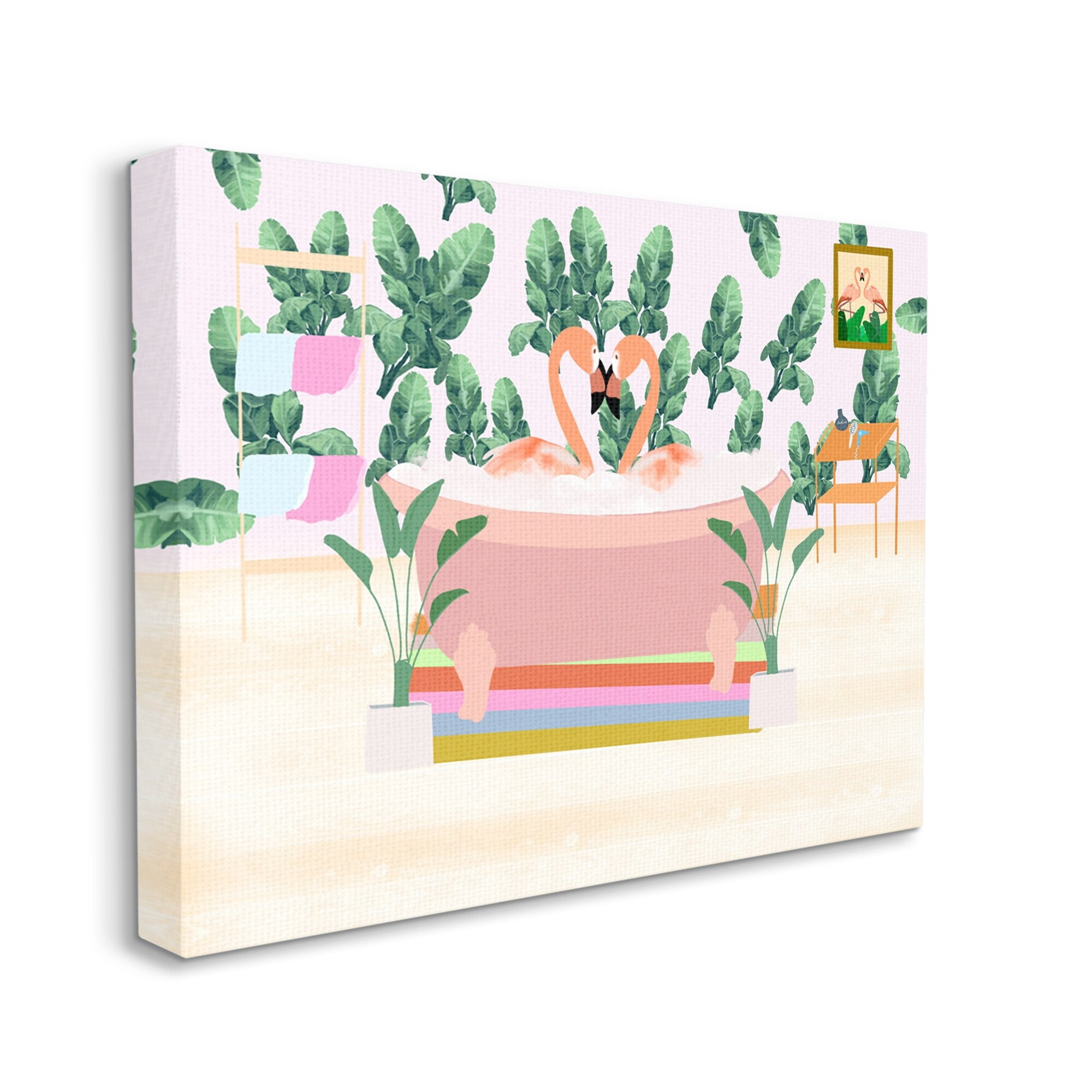 Stupell Industries Tropical Pink Flamingo Pair Bubble Bath Tropical Bathroom, 48 x 36,Design by Ashley Singleton