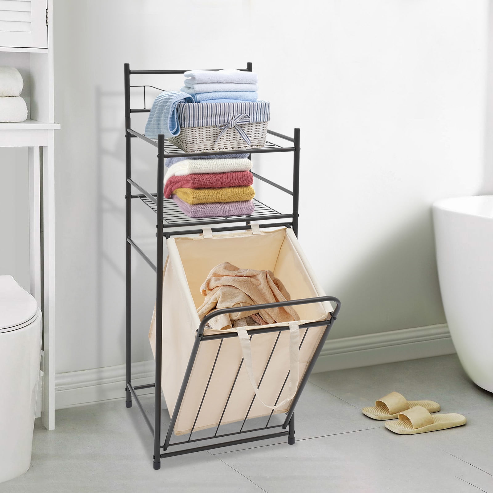 15.2*14*41.5in Tilt Out Laundry Hamper, Utility Laundry Basket with 2 Tier Storage Shelf and Removable Bag Metal Dirty Clothes Storage Shelf for Bathrooms Dorms Bedrooms