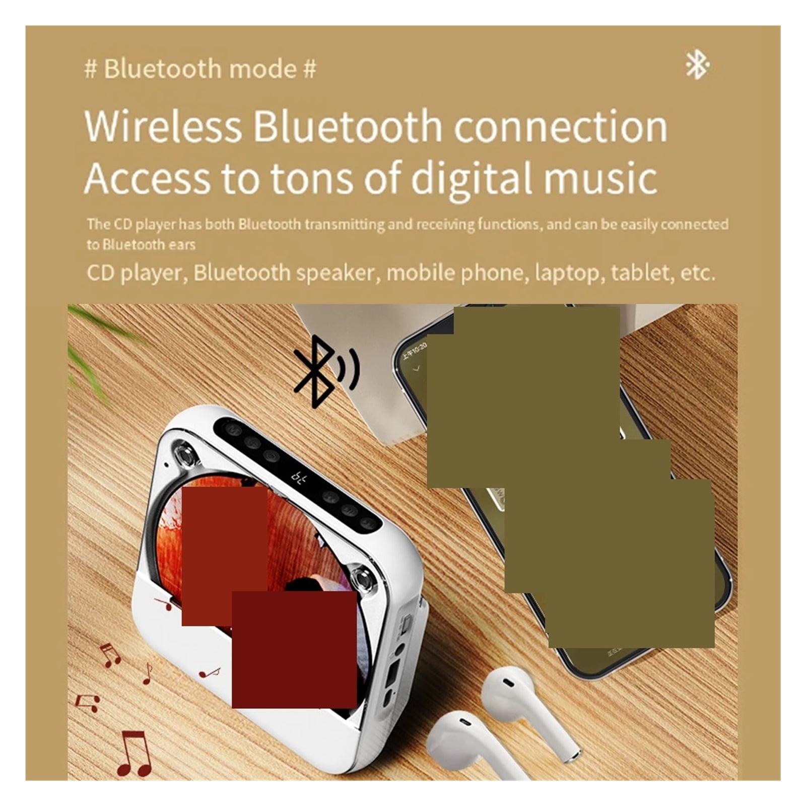 Portable CD Player KC-818 Stereo Playback Bluetooth 5.1 Built-ln 2000mAH Battery