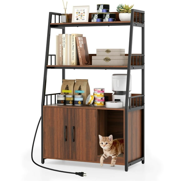 Costway Cat Litter Box Enclosure with Storage Shelves with Scratching Pad, Charging Station