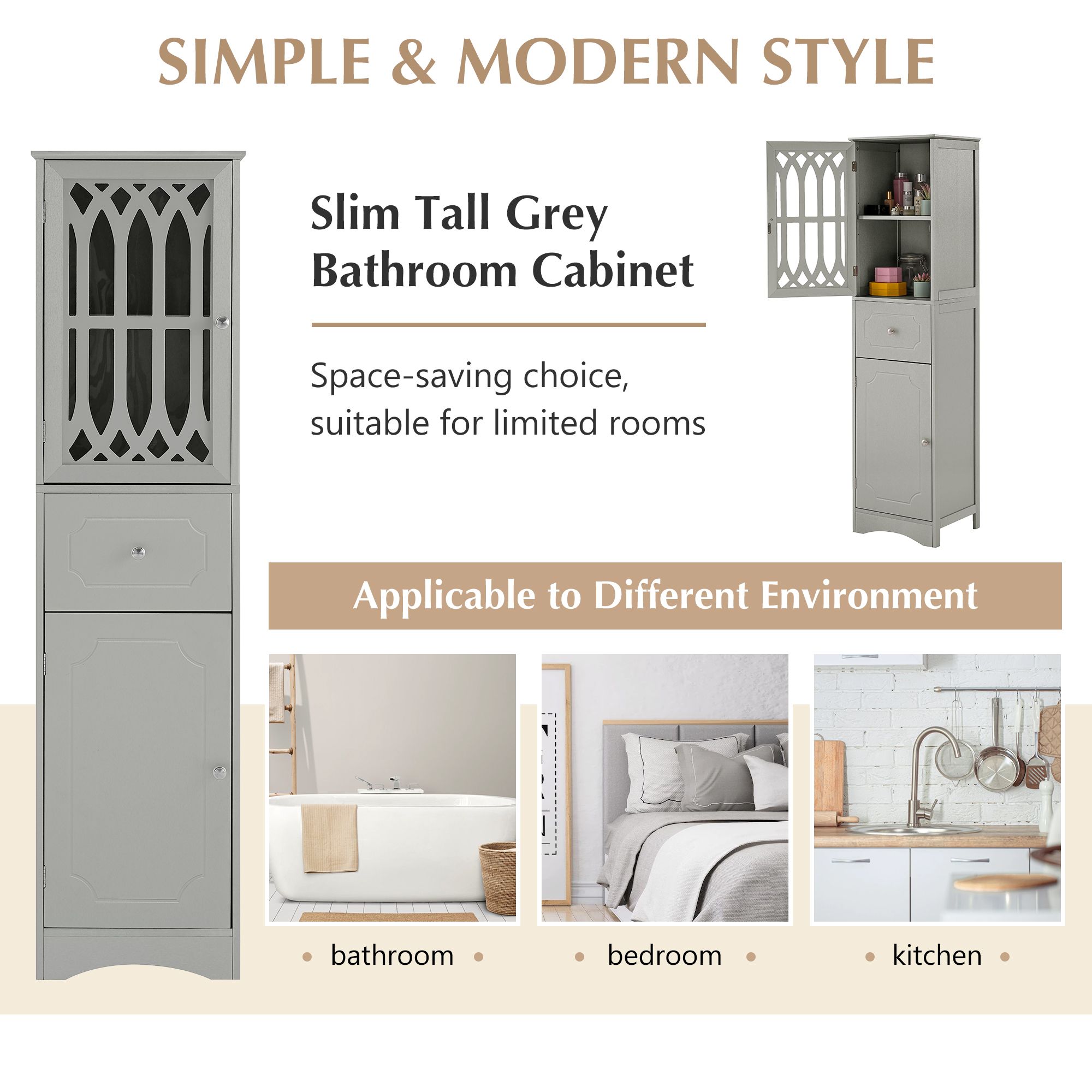 DEALTOPS Modern Bathroom Cabinet with Drawer and 2 Cabinets, Slim Freestanding Storage Cabinet with adjustable shelf for Bathroom - Gray