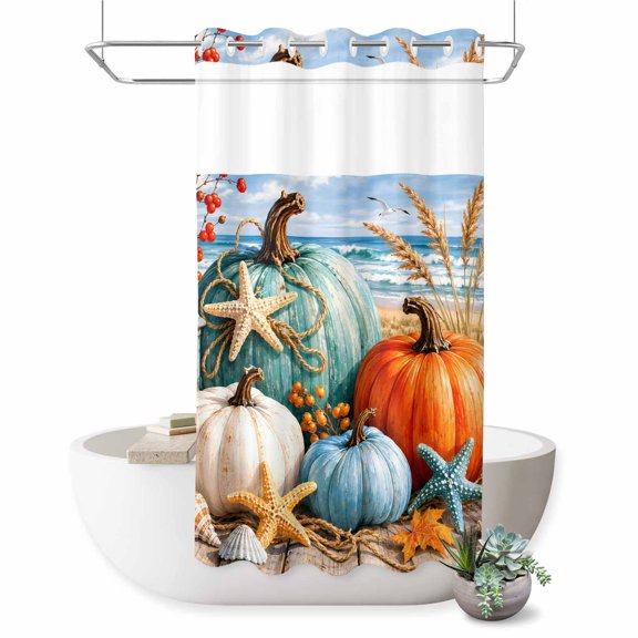 No Hook Shower Curtain, Fall Coastal Pumpkins Shower Curtains for Bathroom with See Through Top Window, Autumn Ocean Nautical Sea Waves Waterproof & Washable Bath Curtain Narrow 54"x78"