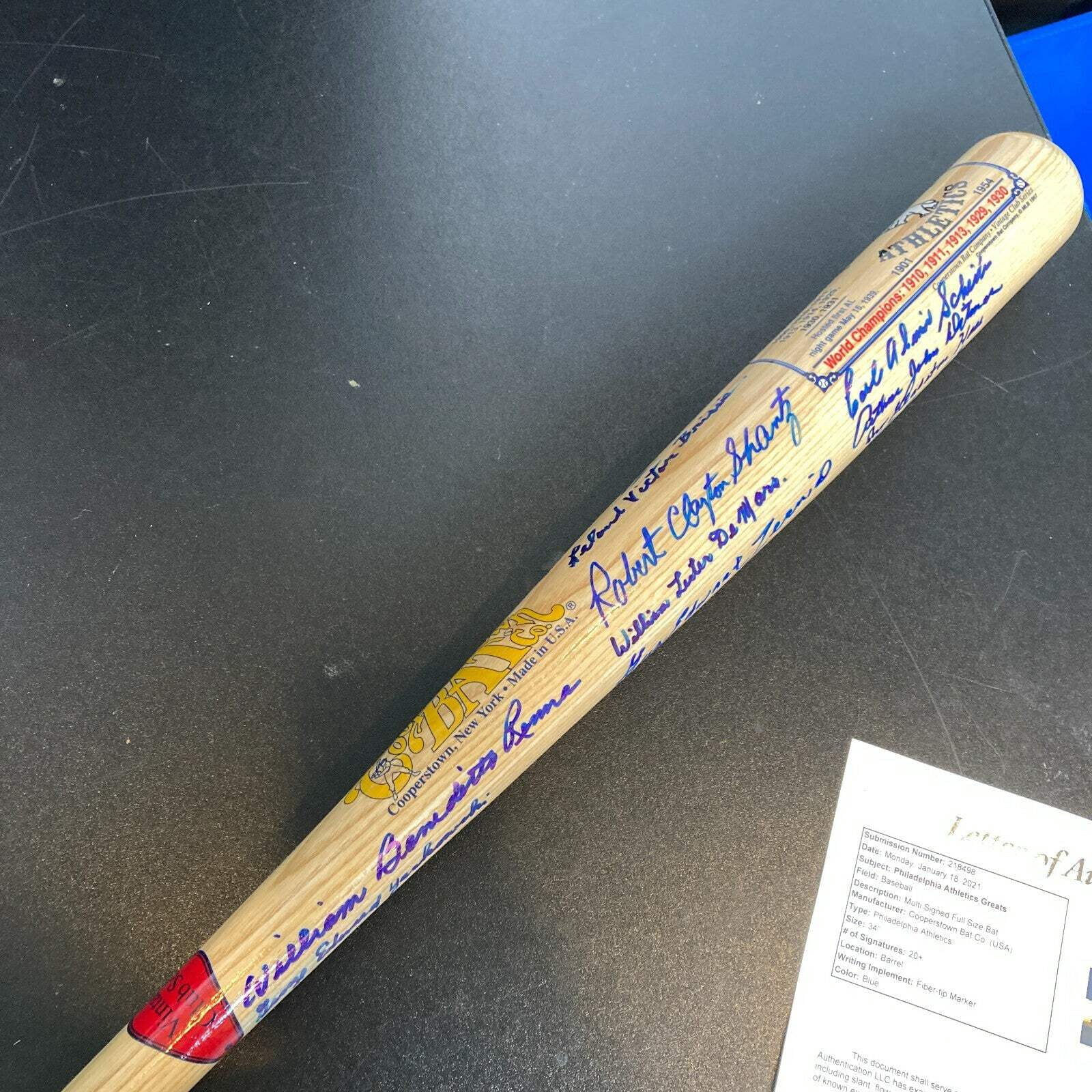 Rare Philadelphia Athletics Legends Full Name Signed Inscribed Bat With JSA COA