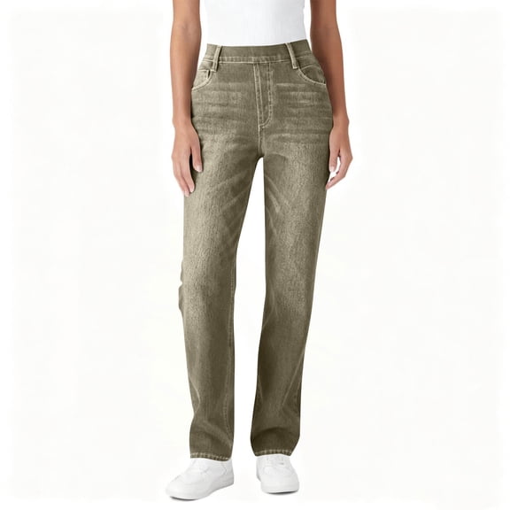 Women's Faux Denim Pants Elastic Waist Straight Leg Classic Trousers with Pockets Olive Green S