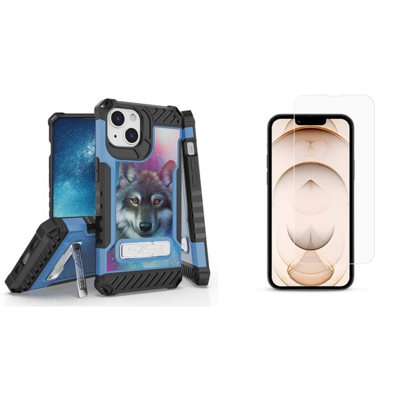 Bemz iPhone 13 Bundle: Tri Shield Shockproof Armor Rugged Case (Mystic Wolf), Premium Glass Screen Protectors (2-Pack)