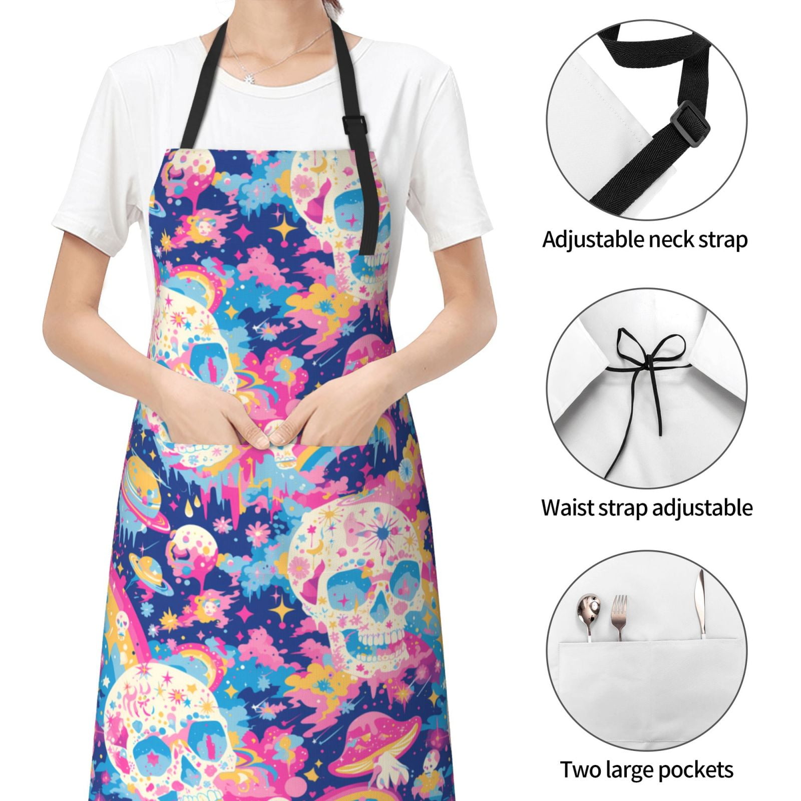 Kdxio Skull rainbow color space Apron with Pockets Adjustable Kitchen Aprons for Men Women Waterproof Aprons for Cooking,Drawing,Crafting, Baking Household Cleaning