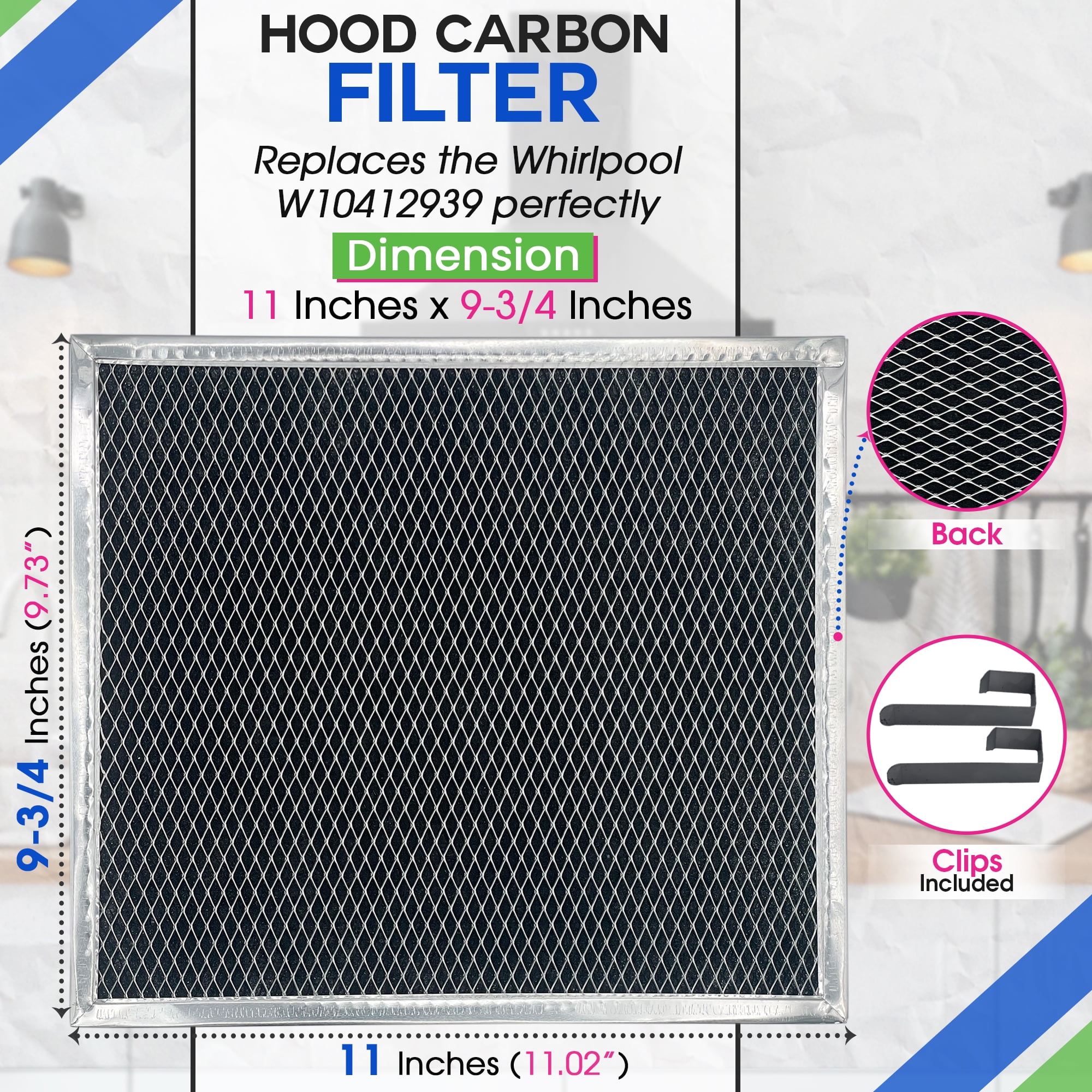 Charcoal Filter Replacement for W10412939 Whirlpool Range Hood Filter 11.02” x 9.73” - Ductless Kitchen Stove Overhead Charcoal Filter Replaces Whirlpool Vent Hood Filter Carbon Filter (2-Pack)
