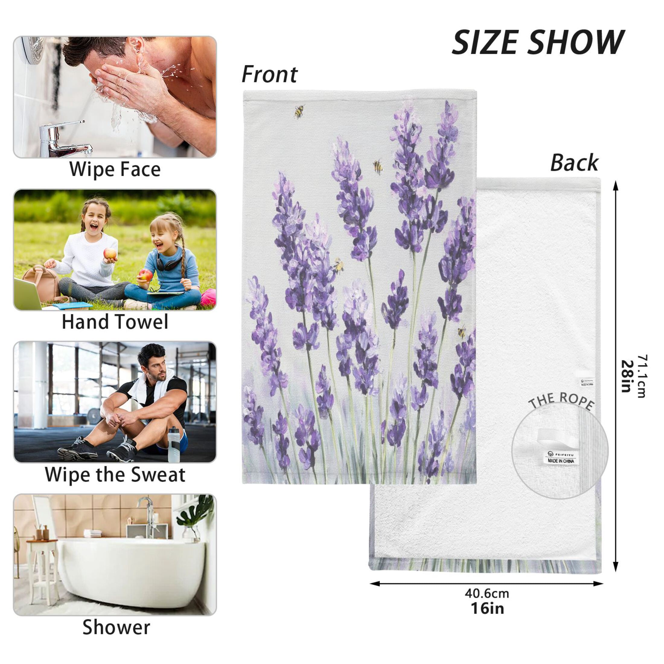 2 Pieces of Cotton Towel Face Towel Set Hand Towel Bath Towel Cotton Bath Towel Sets Lavender Field Watercolor