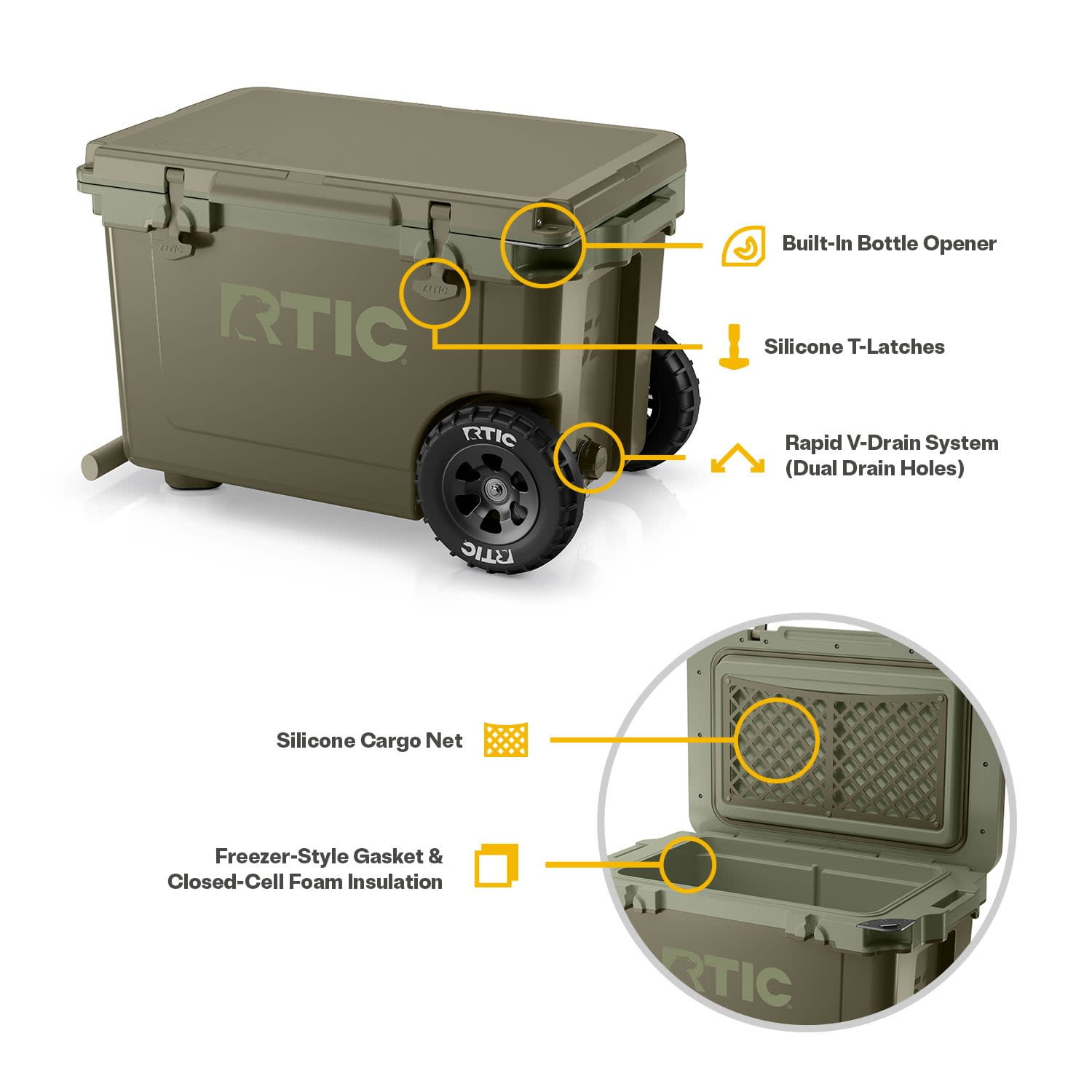 RTIC 52 QT Wheeled Hard-Sided Ice Chest Cooler, Ultra-Light, Fits 76 Cans, Olive