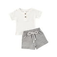 thumbnail image 1 of Bmnmsl Little Baby Girl Solid Color Short-Sleeved Top + Striped Printed Shorts Outfits Set, 1 of 5