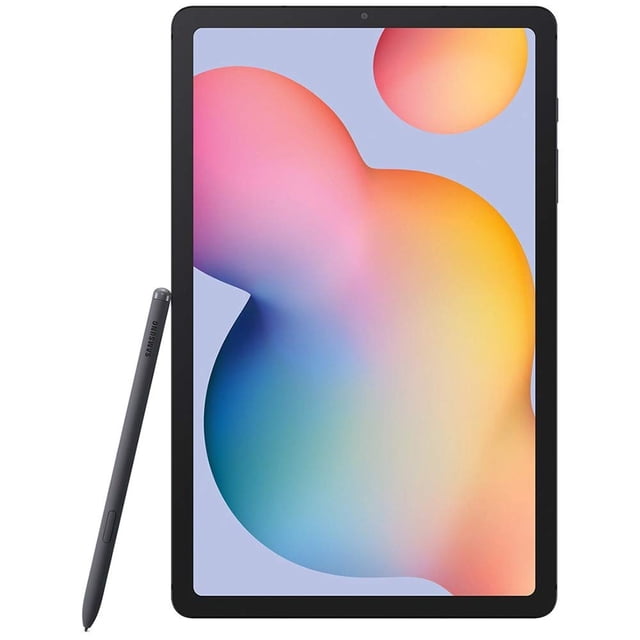 tableta samsung galaxy tab s6 lite de 10,4 pulgadas, 64 gb, wifi, gris oxford - renovado frontal de la Samsung Galaxy Tab S6 Lite renovada en Gris Oxford con pantalla de 10.4" y biseles negros, cámara frontal centrada en el marco superior y S Pen gris apoyado al costado izquierdo; 64 GB y conectividad Wi‑Fi según especificaciones, también usada como bloc de notas o para dibujo digital.