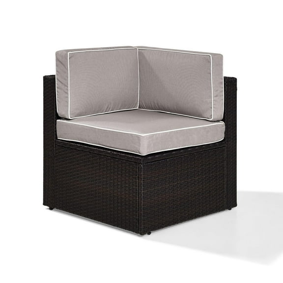 Asian Fusion Outdoor Corner Chair - Wicker Patio Seating - Brown & Gray Cushions - Easy Assembly