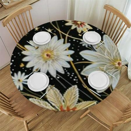 

nygtbtfer Retro Flowers Round Fitted Tablecloth with Elastic Edge Dreamy Flowers Round Table Cover Home Decorative Tablecloth for Table Fit for Round Tables 31 -35