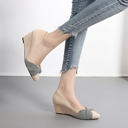 

XIAQUJ Women s Spring and Autumn New Slope Heeled Thick Heel Pointed Shallow Cut Single Shoes Women s High Heeled Rhinestone Bow Sandals Sandals for Women Beige 8(40)