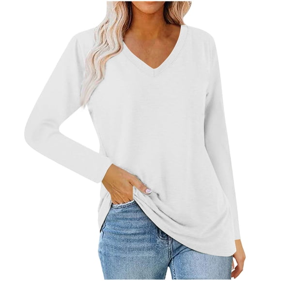 Lovzfmll Women's Long Sleeve V-Neck Elegant Casual Solid Color T-Shirt Loose Top White, L