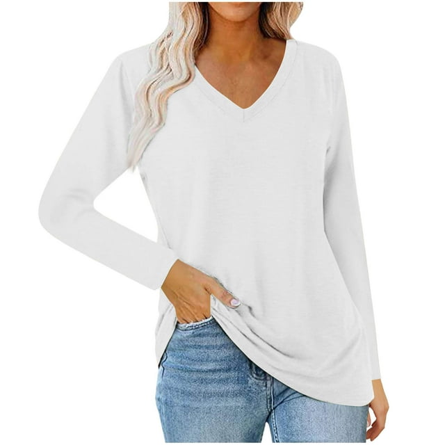 Besolor Womens Long Sleeve Shirts V Neck Plus Size Tunic Tops Casual Solid Color Basic Tee Fall Clothes S-5XL