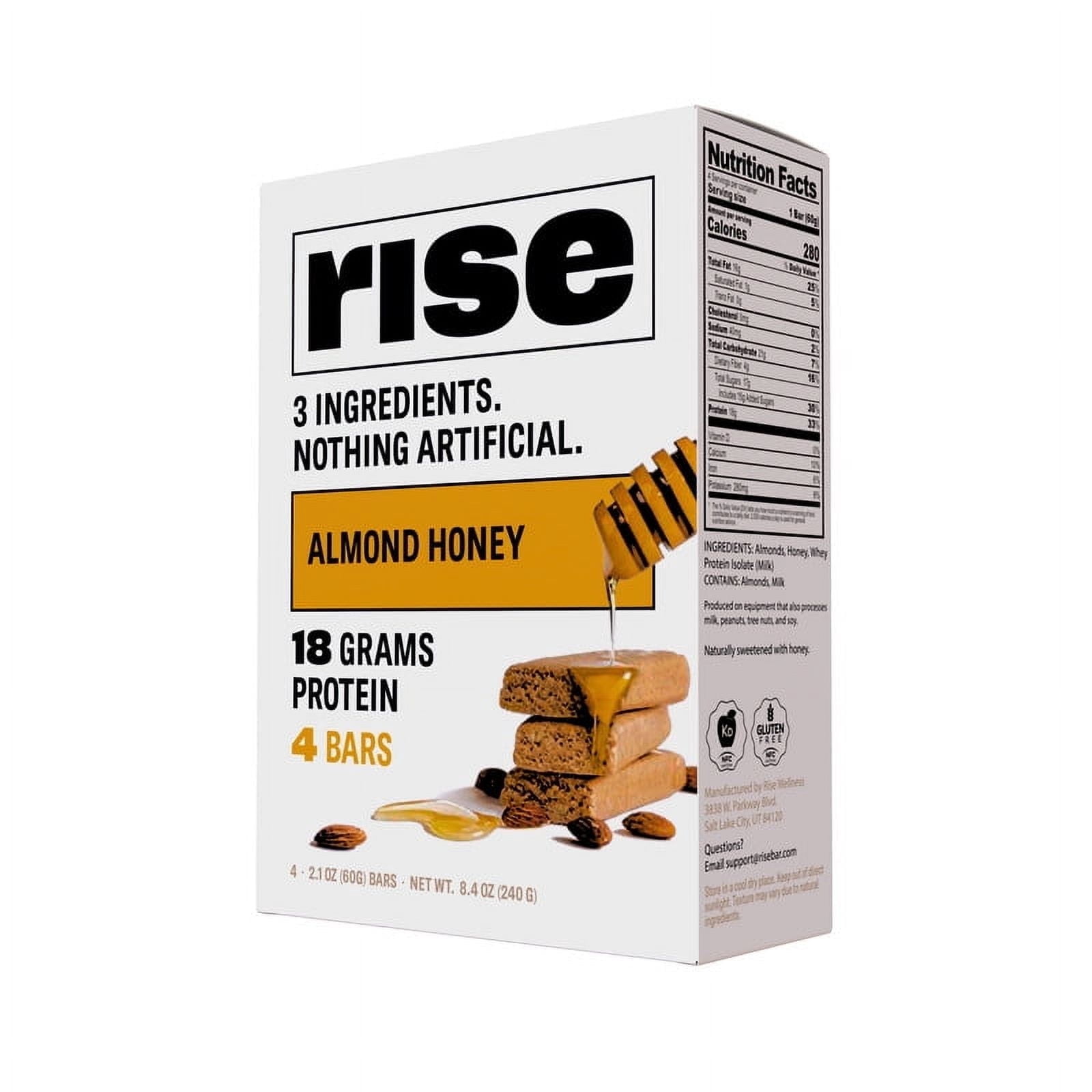 Rise Whey Protein Bars - Almond Honey | Breakfast Bar & Protein Snack | 16g Protein, 3g Fiber | Just 4 Ingredients | Gluten-Free, Soy-Free | 4 Count