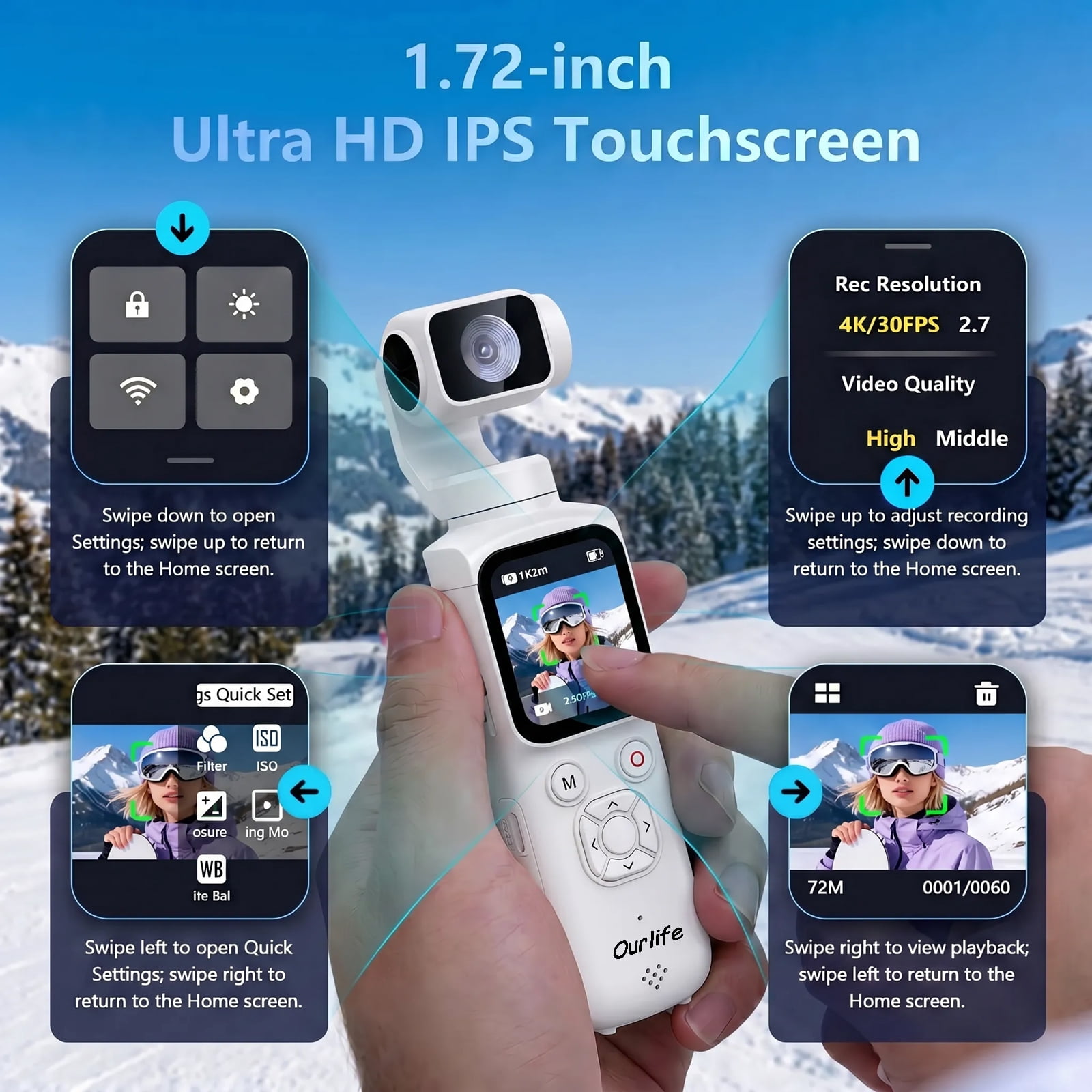 Ourlife White 4K Digital Camera, Pocket Gimbal with 330° Rotation, 1.72" Touch Screen, Face Tracking, 2400mAh Battery, 64GB Card, Compact Camera for Vlogging