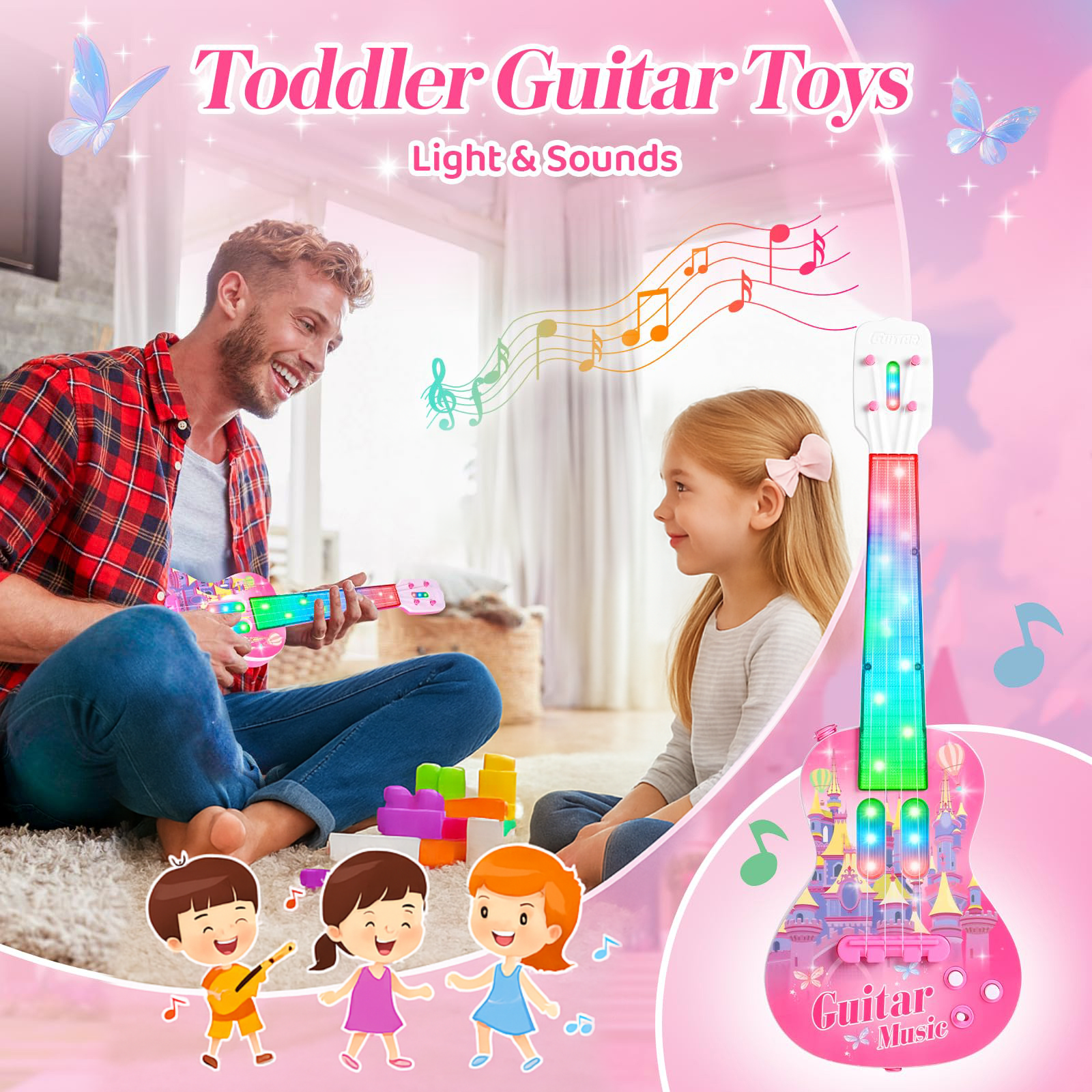 Liegorji Guitar and Microphone Toys Set, Musical Instruments with Adjustable Stand, Birthday Gifts for 1-3 3-5 5-8 Year Old