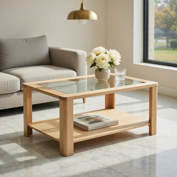 Spaco 2-Tier Coffee Table Rectangular Center Table with Tempered Glass Tabletop and Storage Shelf-Natural, Tea Table
