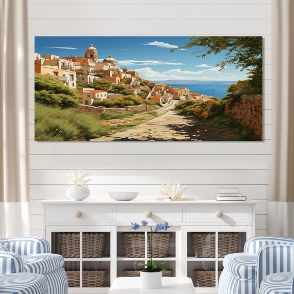 Designart "Coastal Charm Italian Village I" Oversized Landscapes Wall Art - Global Green Landscape Italy Hallway Wall Art Decor