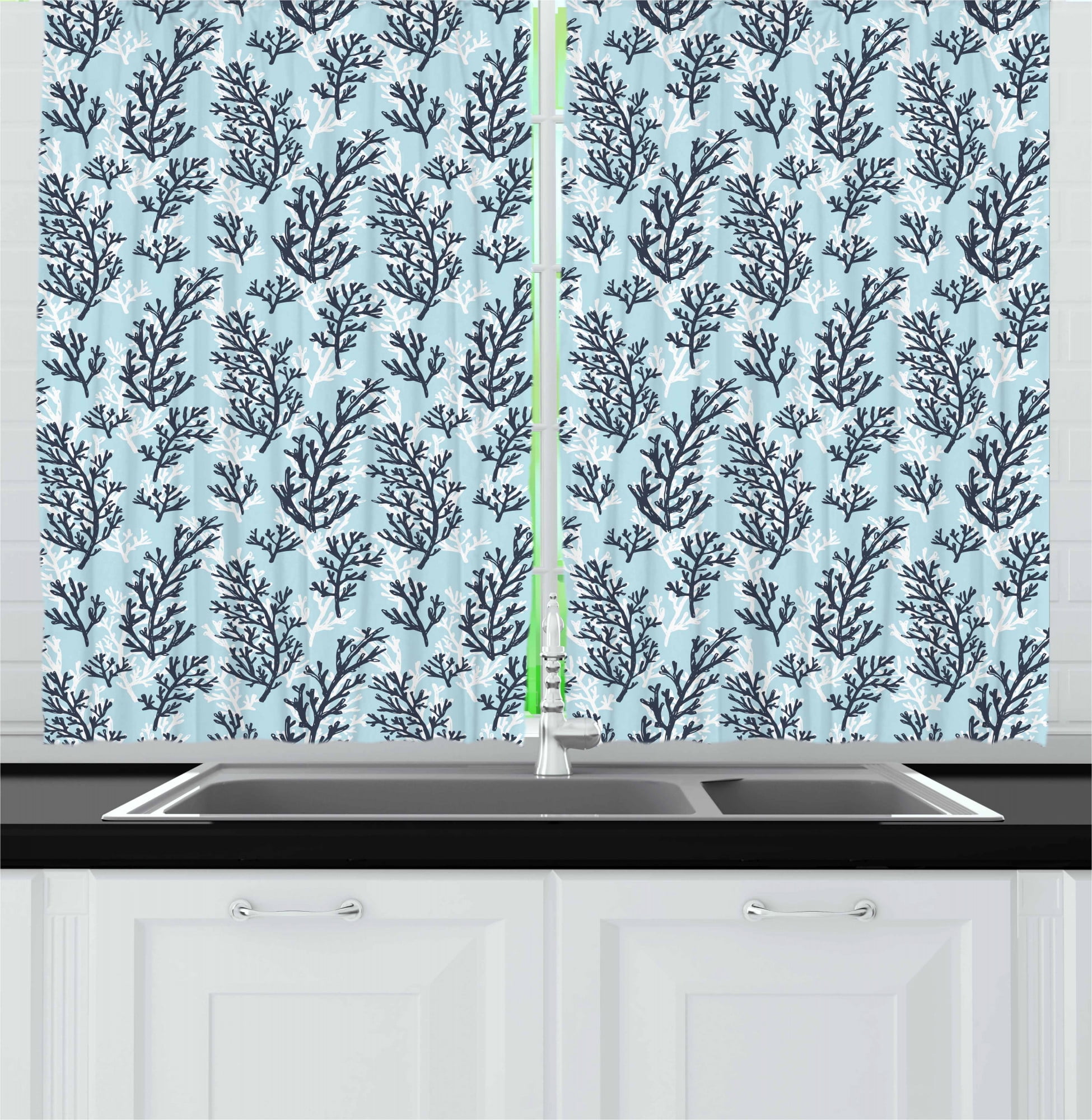 Blue and White Kitchen Curtains, Hand Drawn Style Ocean Themed Pattern with Coral Seaweed, Two