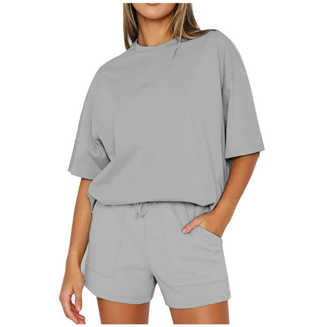 LNGOOR Ensembles Décontractés 2 Pcs pour Femmes, Hauts à Col Ras du Cou à Manches Courtes et Shorts à Cordon, Ensembles de Sport Survêtements avec Poches