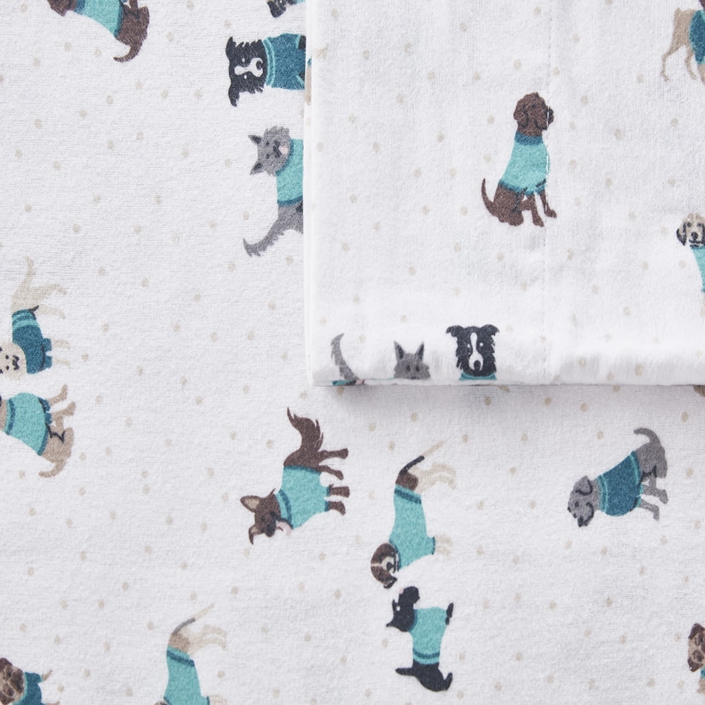Intelligent Design Cozy Soft 4-Piece Queen Cotton Flannel Printed Sheet Set, Teal Dogs