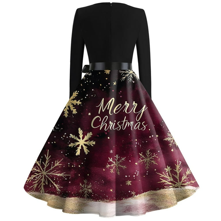 Women's Vintage Christmas Party Dress Long Sleeve Elegant A-Line