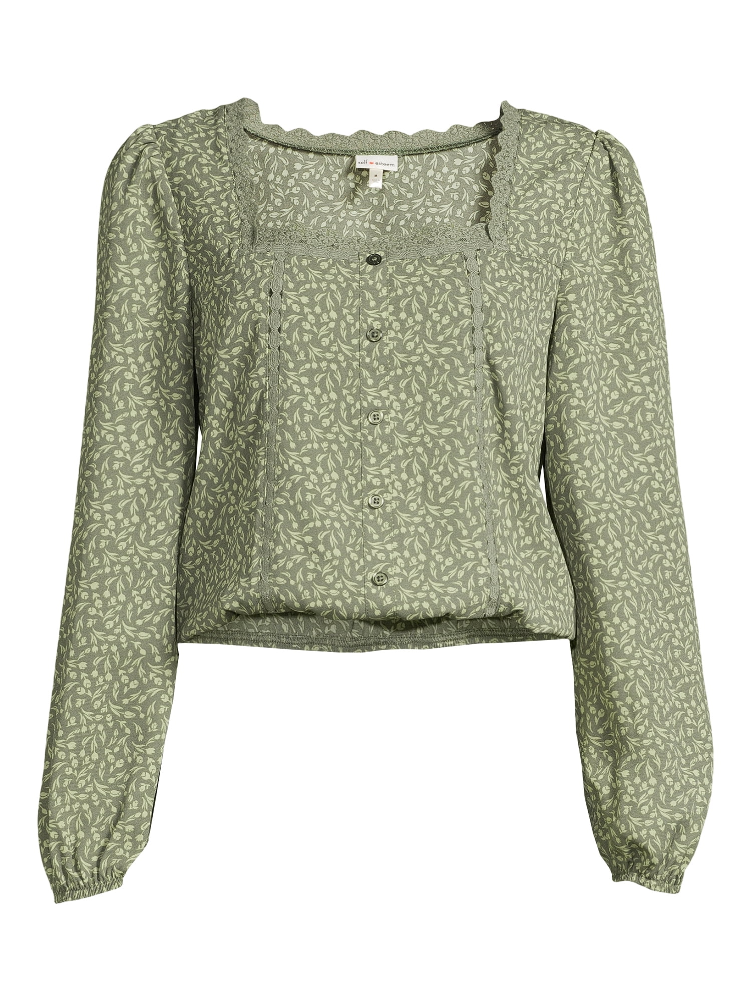 Self Esteem Juniors Square Neck Lace Trim Top with Long Sleeves, Sizes S-XL