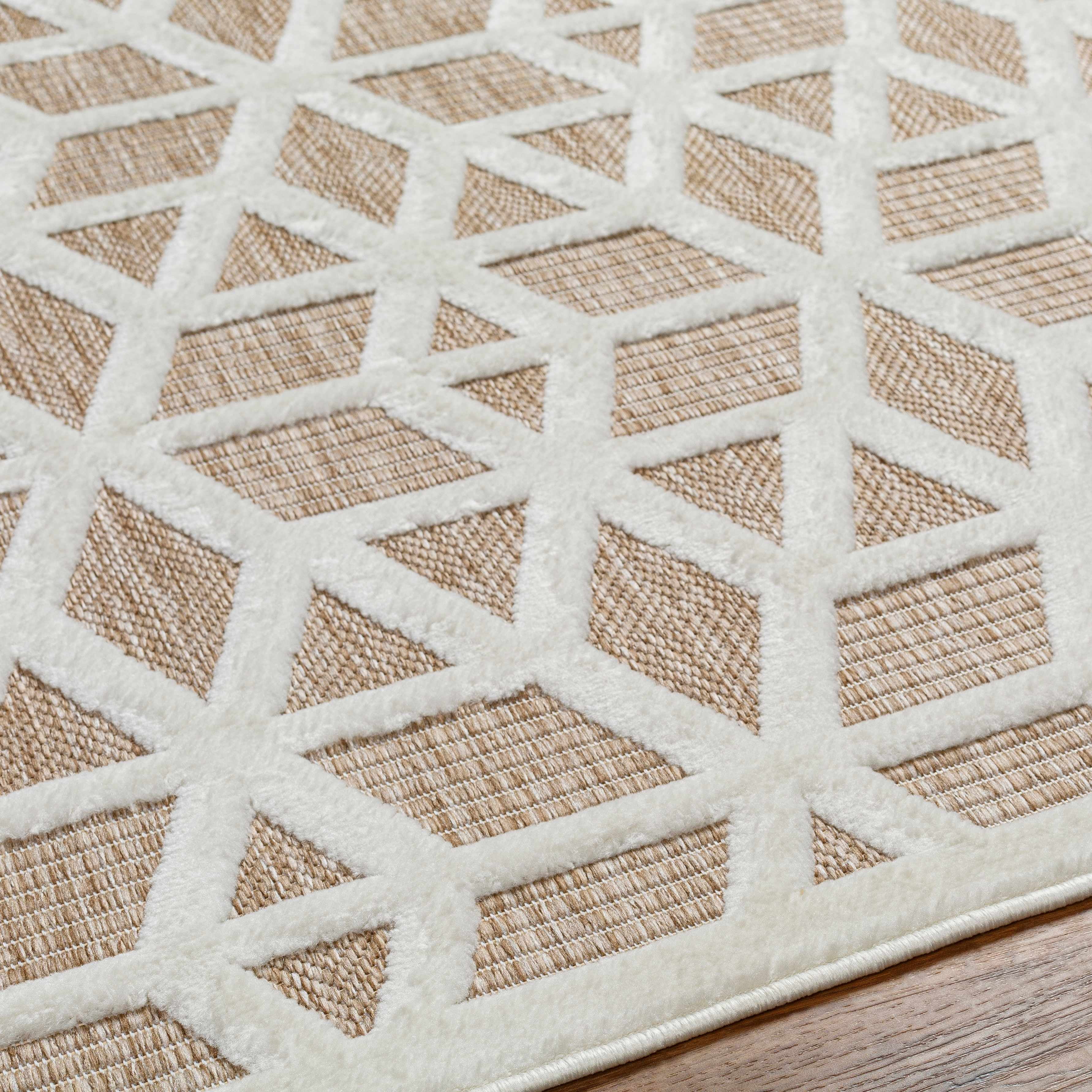 Hauteloom Nuri Outdoor Area Rug - Outside Porch Patio Rug Carpet - Waterproof Rug - Moroccan Farmhouse High Low - Brown, Cream, Beige - 6'7" x 9'