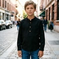 thumbnail image 2 of OSOLU Boys Shirts Button Up Solid Color Long Sleeve Dress Shirts Lightweight Tops with Pocket Fashion Resort Blouse, 2 of 5