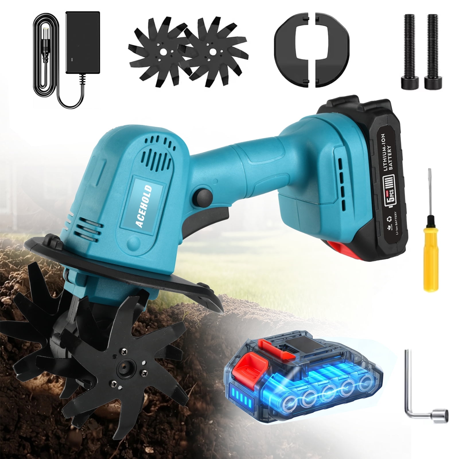20V Blue Single Battery Cordless Electric Tiller 9 Inch Tilling Width 6.6 Inch Working Depth Lightweight Handheld Rototiller Cultivator Practical Garden Tool for Yard Lawn Sowing and Tilling