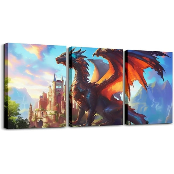 Dragon Kids Wall Art for Home Decor 3 Piece Purple Blue Nebula Dragon Canvas Posters Picture Teens Boys Decor Safari Wildlife Animals Wall Painting Outer Space Dragon Bathroom
