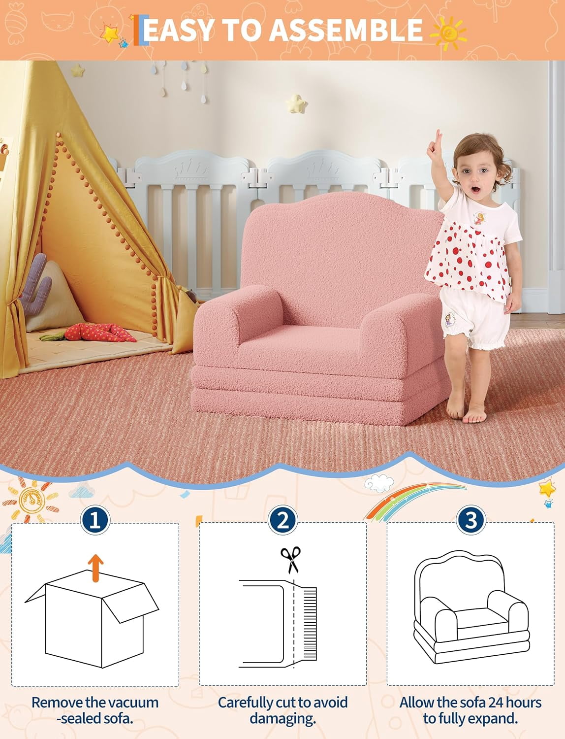 Kids Couch, 2-in-1 Convertible Teddy Fleece Fabric Toddler Sofa Chair, Soft Fold Out Couch Lounger for Kids, Comfy Children's Sofa Bed for Playroom, Nursery, Birthday Gift (Pink Crown)