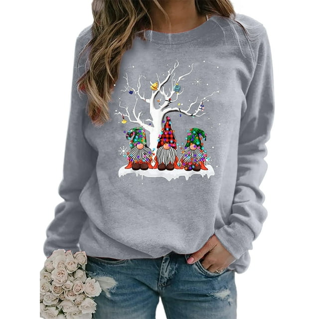 Innerwin Sweatshirts de Noël Imprimé Gnome pour Femmes Pull Col Rond Confortable Gris L