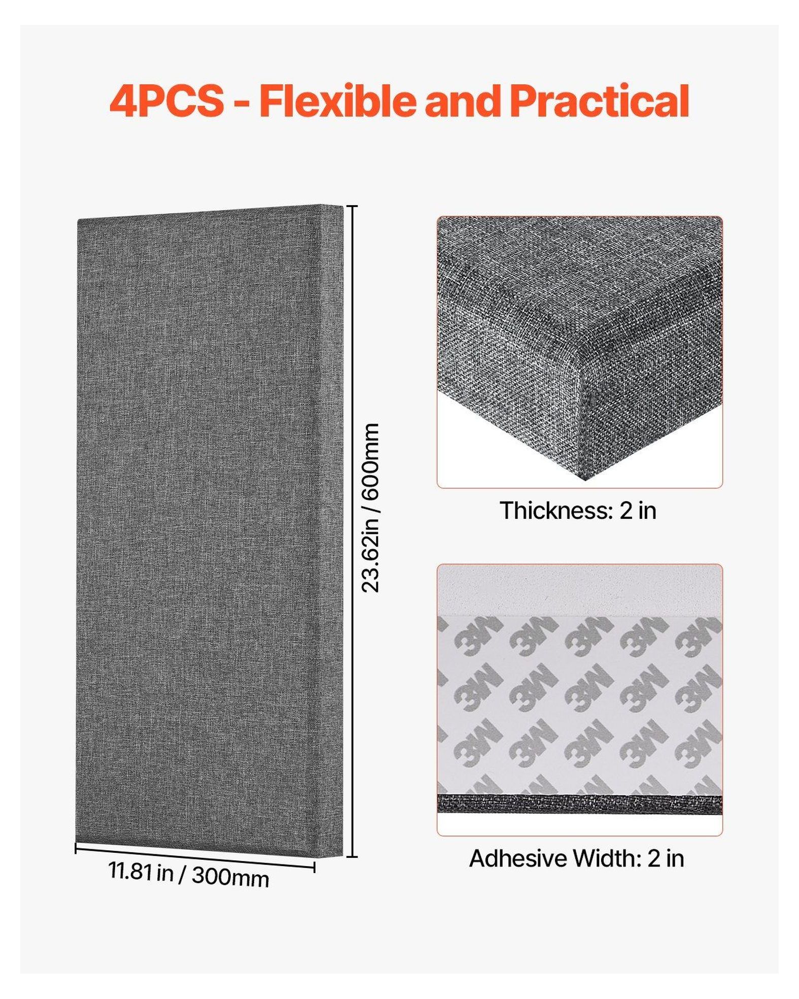 Acoustic Wall Panels 4 Pack, 2 inch Thick 23.6x11.8in Gray, Self-Adhesive Soundproofing Panels for Home & Office, Noise Reduction, Studio Foam Panels