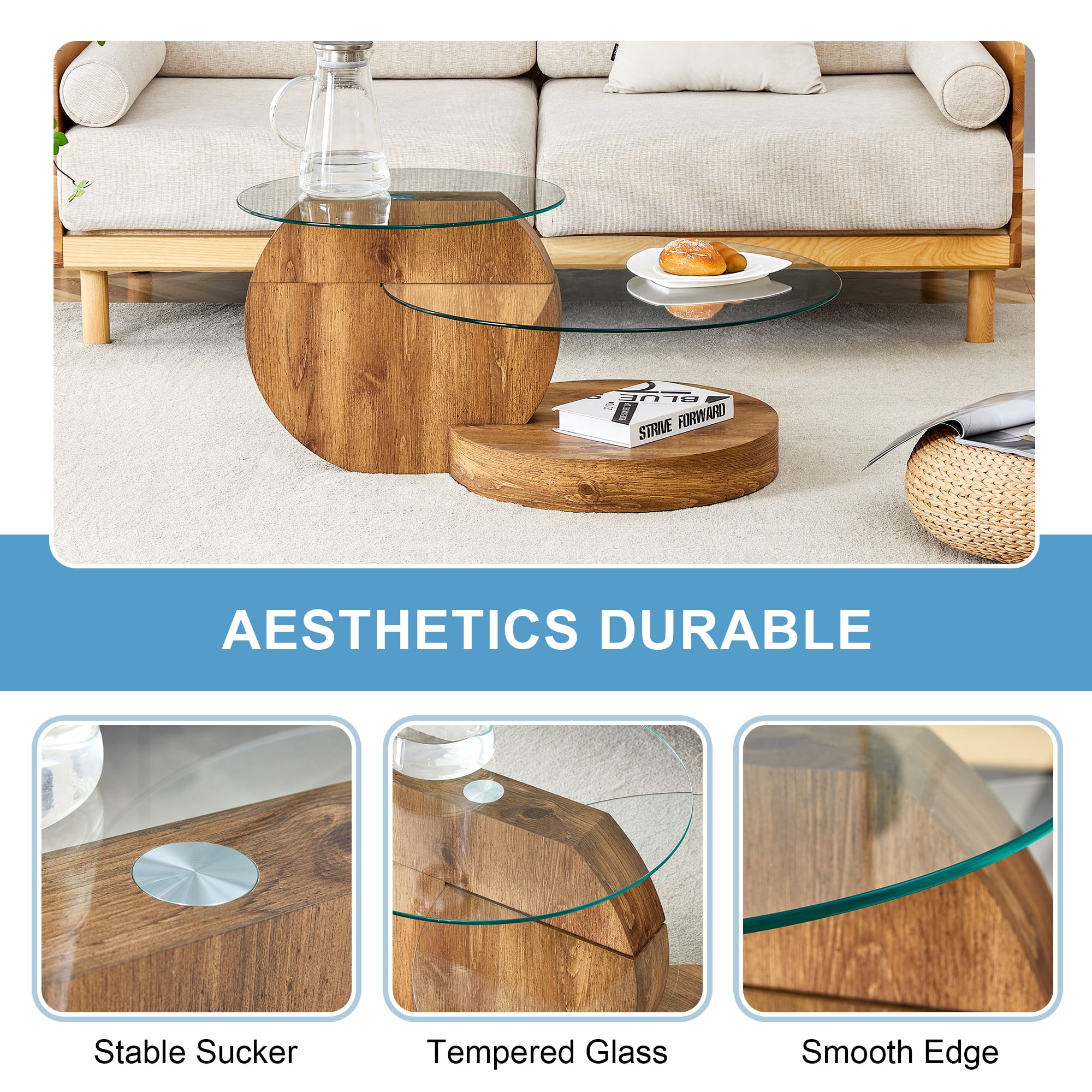 JUFU 35.4" Glass Coffee Table, Modern Round Coffee Table with MDF Base, 2-Tier Tempered Glass Top, Easy to Assemble, Ideal for Living Room, Small Space, Home Office