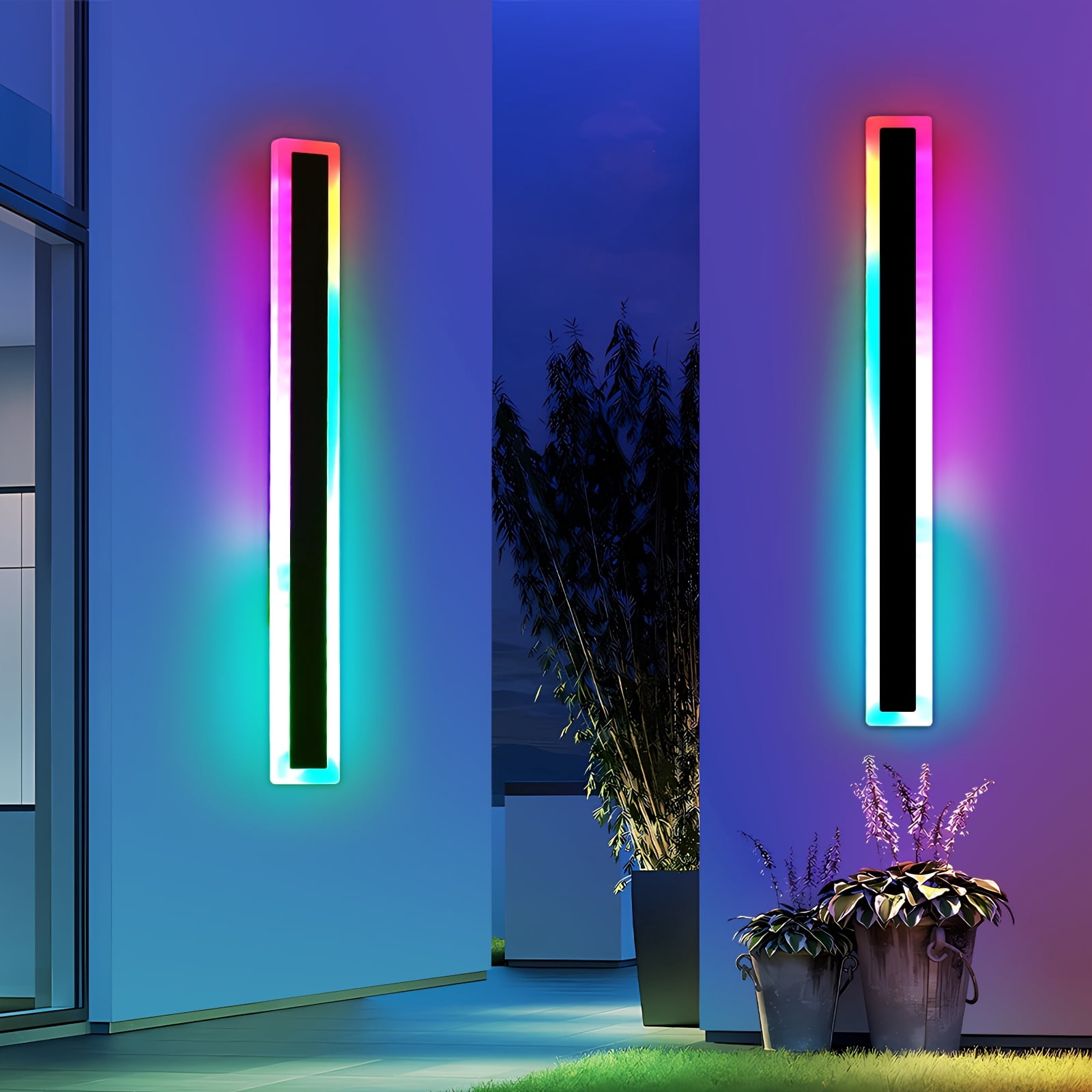 2pcs Outdoor RGB Long Wall Lights – Dimmable LED Wall Sconces with Remote & App Control, Matte Metal Finish for Patio, Garden, Indoor & Outdoor Decor