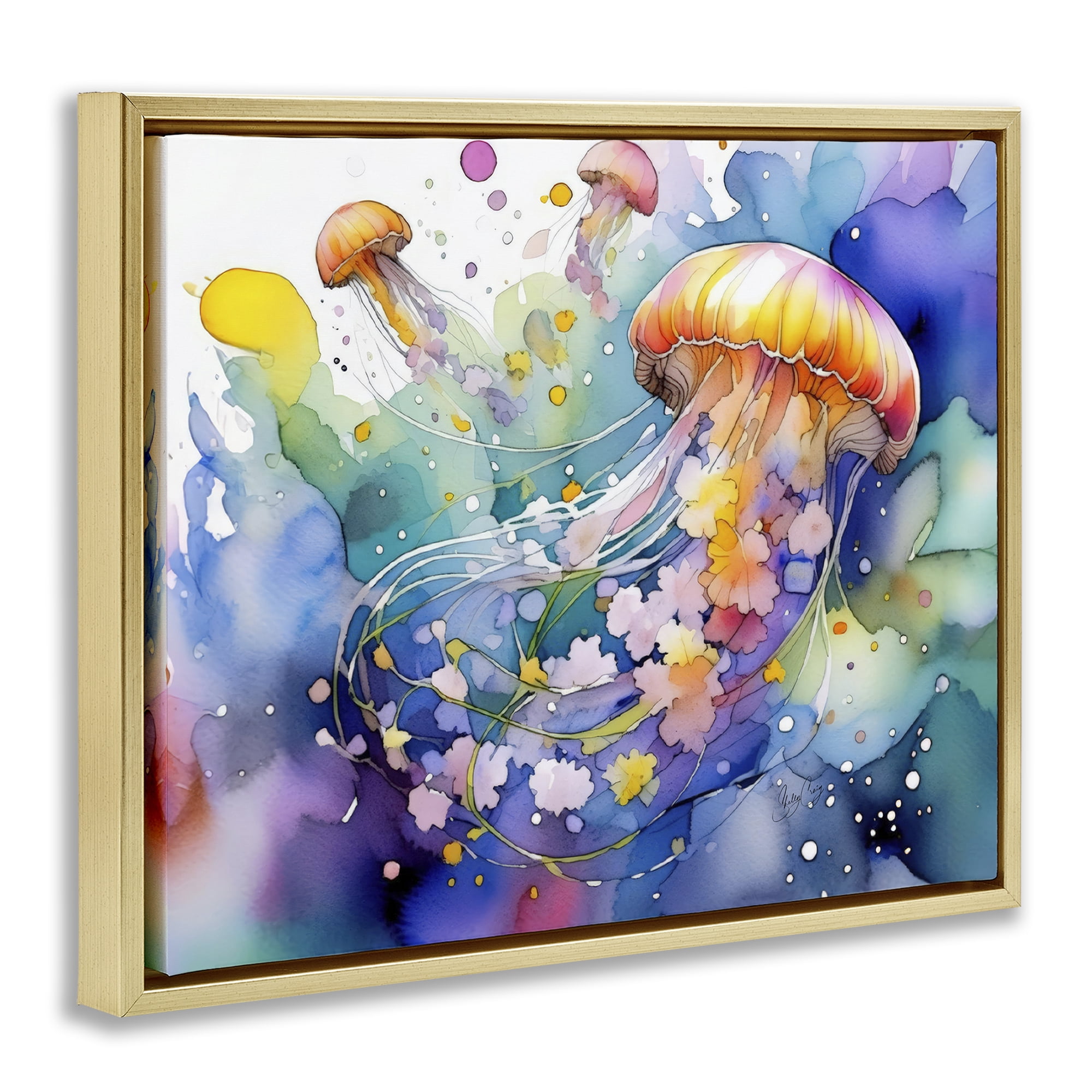 Stupell Industries Neon Jellyfish Underwater Gold Framed Floater Canvas Wall Art, design by Shelly Craig