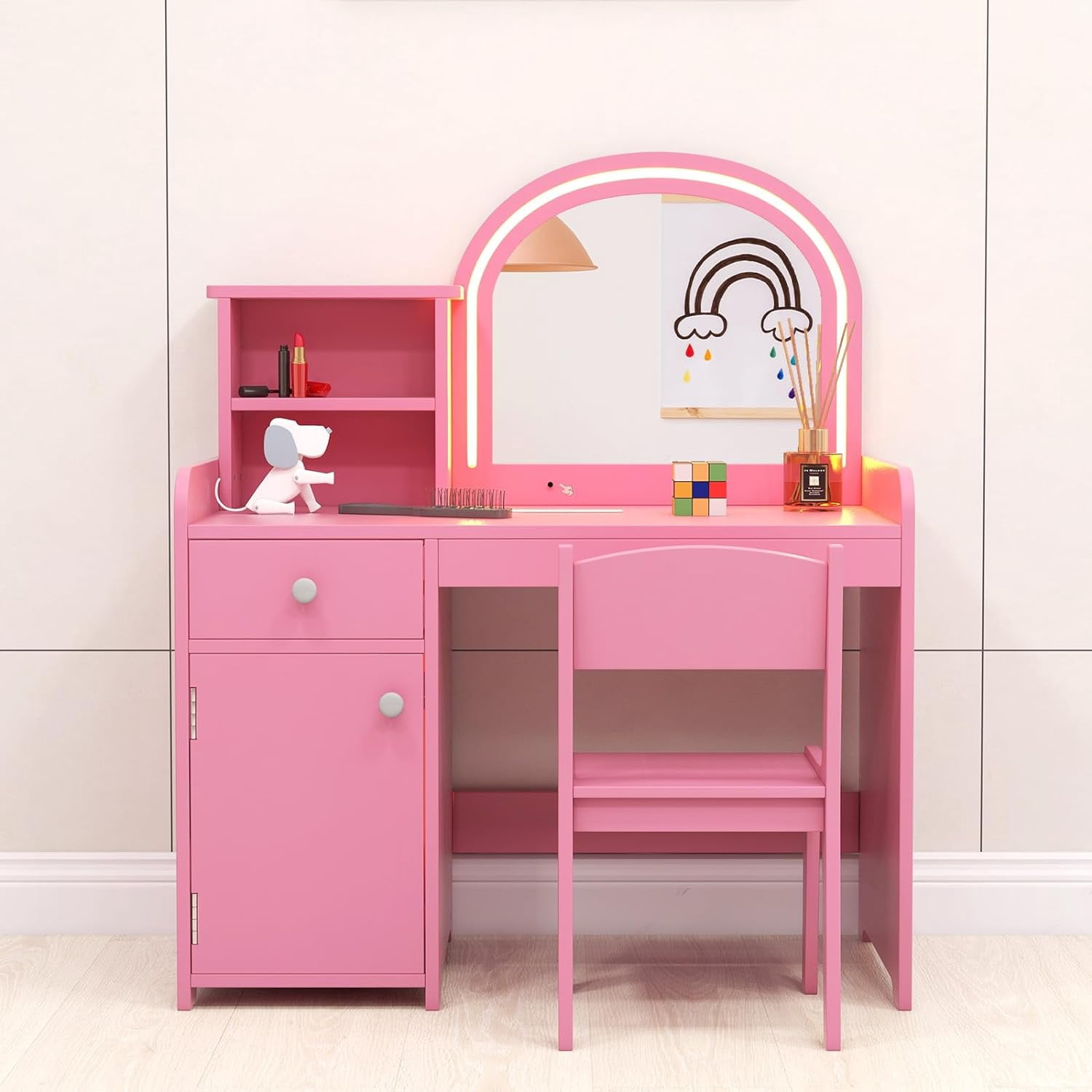 INFANS Kids Vanity, Princess Makeup Desk and Chair Set with Lights Mirror Drawer Storage Shelves, Wooden Dressing Table, Pretend Play Vanity Set for Toddler Girls