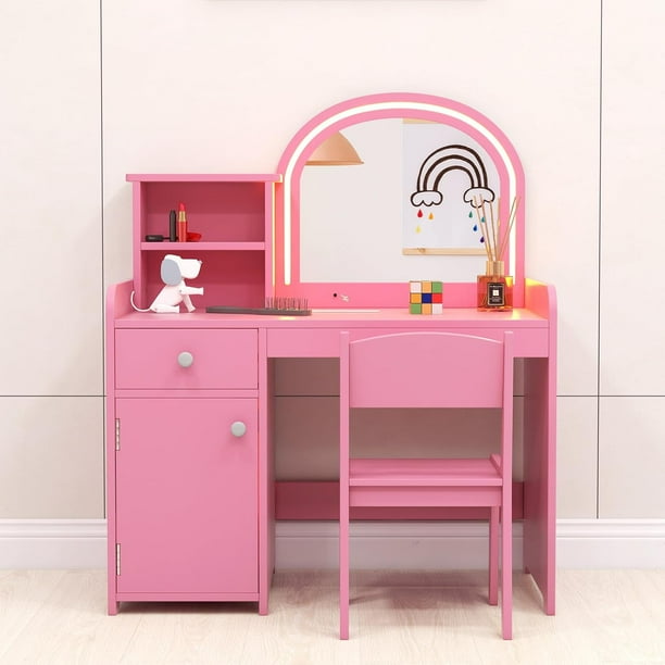 Coiffeuse Et Tabouret Pour Enfants – Table De Maquillage Avec Chaise – Blanc – Idéal Pour Filles