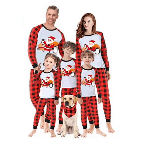 KelaJuan Family Matching Christmas Pajamas Set,Santa Penguin Elk Print Long Sleeve Tops + Plaid Long Pants