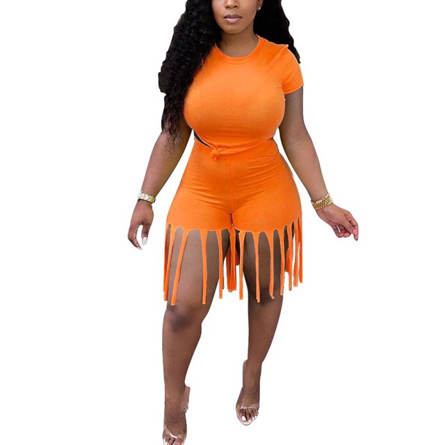 ITFABS Sports Outfits Short Sleeve Knot Crop Top + Fringe Fifth Pants