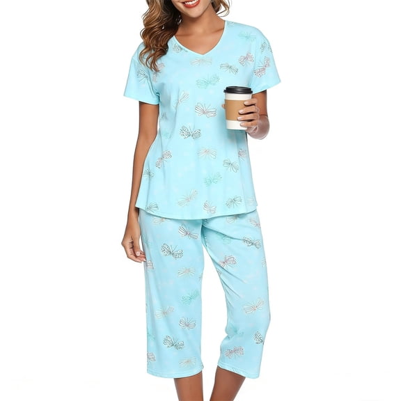 MecTo Capri Cotton Pajamas for Women Set Short Sleeve Top With Pants PJ Night Suits , 2 piece, Size M